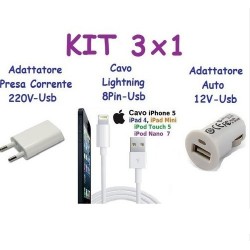 Kit caricabatterie casa e auto completo Cavo Lightning dati per iPhone 5 5S 5C 6 6s 7